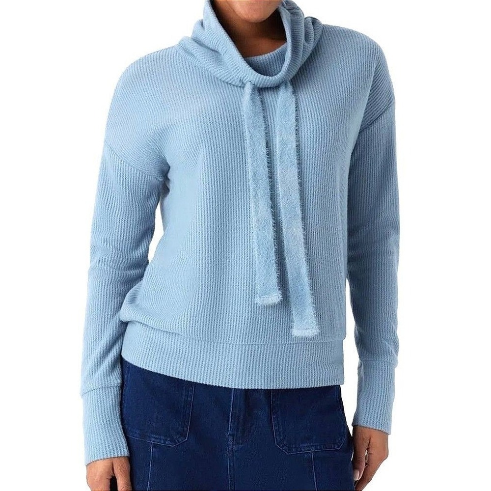 HALARA Womens‎ Small Cowl Neck Blue Waffle Knit Drawstring Sweater